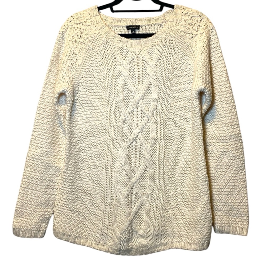 Talbots Cable Knit Sweater Women’s Medium Ivory Cream Wool Blend Knit Pullover
